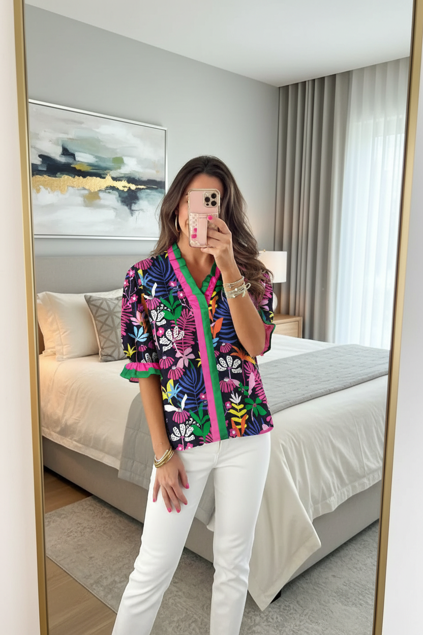 Floral Print Frilled Contrast Striped Trim V Neck Short Sleeve Blouse